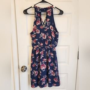 Womens Navy Blue Rain Floral Strappy Dress Sleeveless Midi A Line Pink V Neck